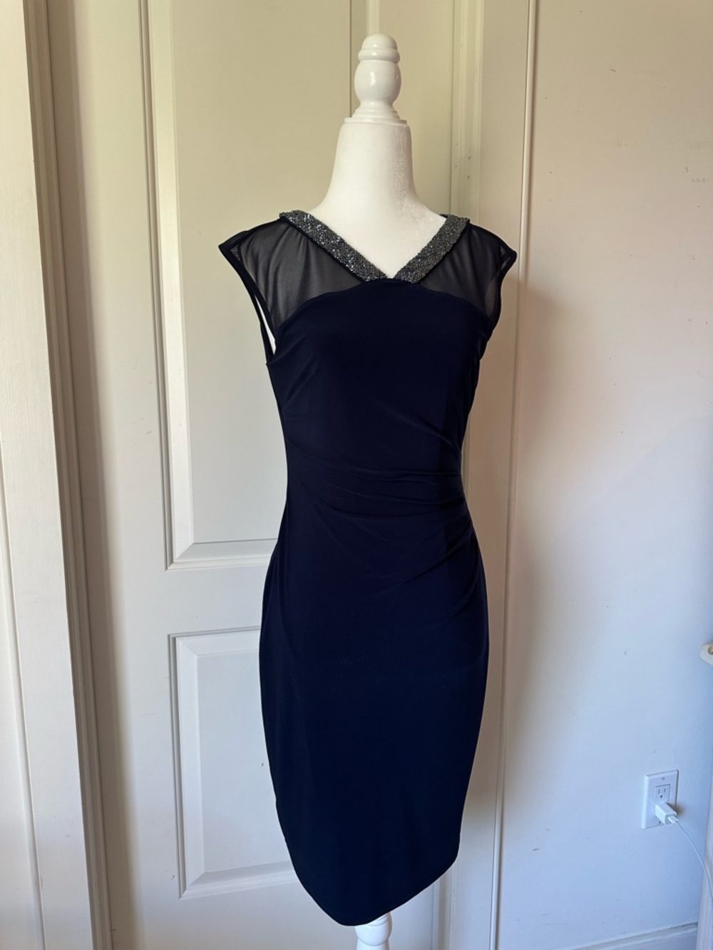 Lauren Ralph Lauren Navy Beaded Neck Cocktail Dress Ruched Waist Sheer Mesh 6P